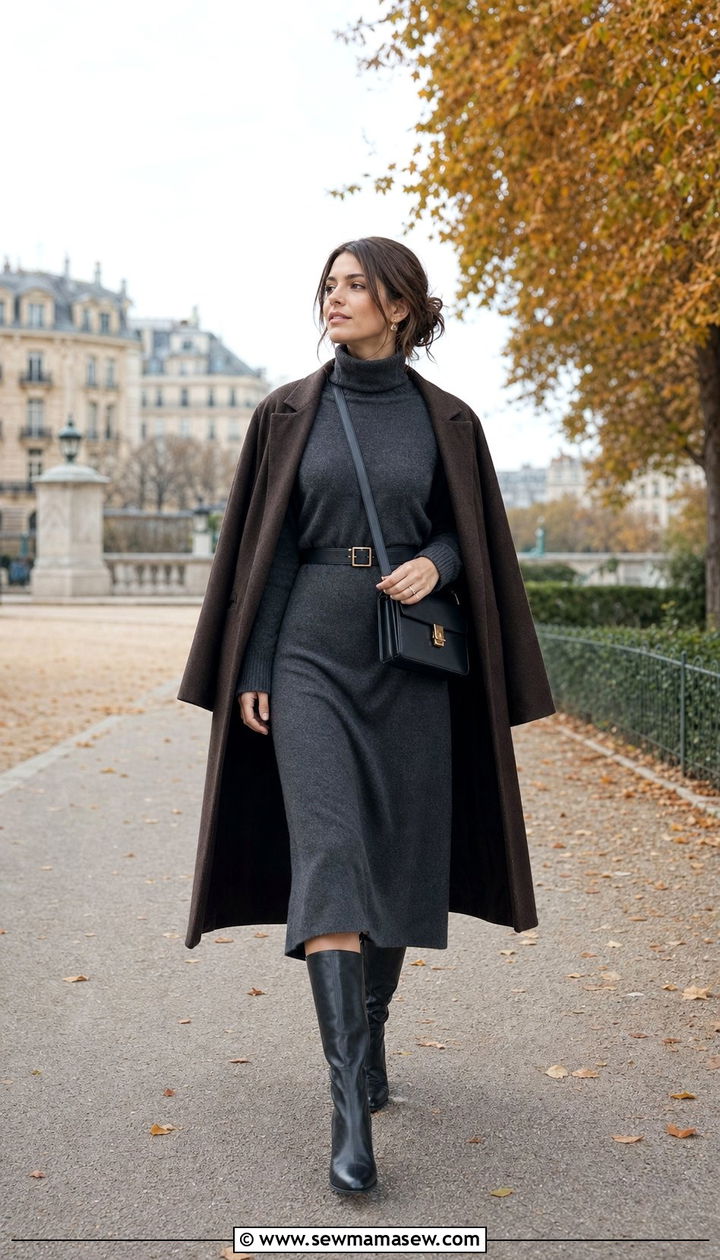 Belted Sweater Dress with Knee High Boots - 25 cute dark academia outfits