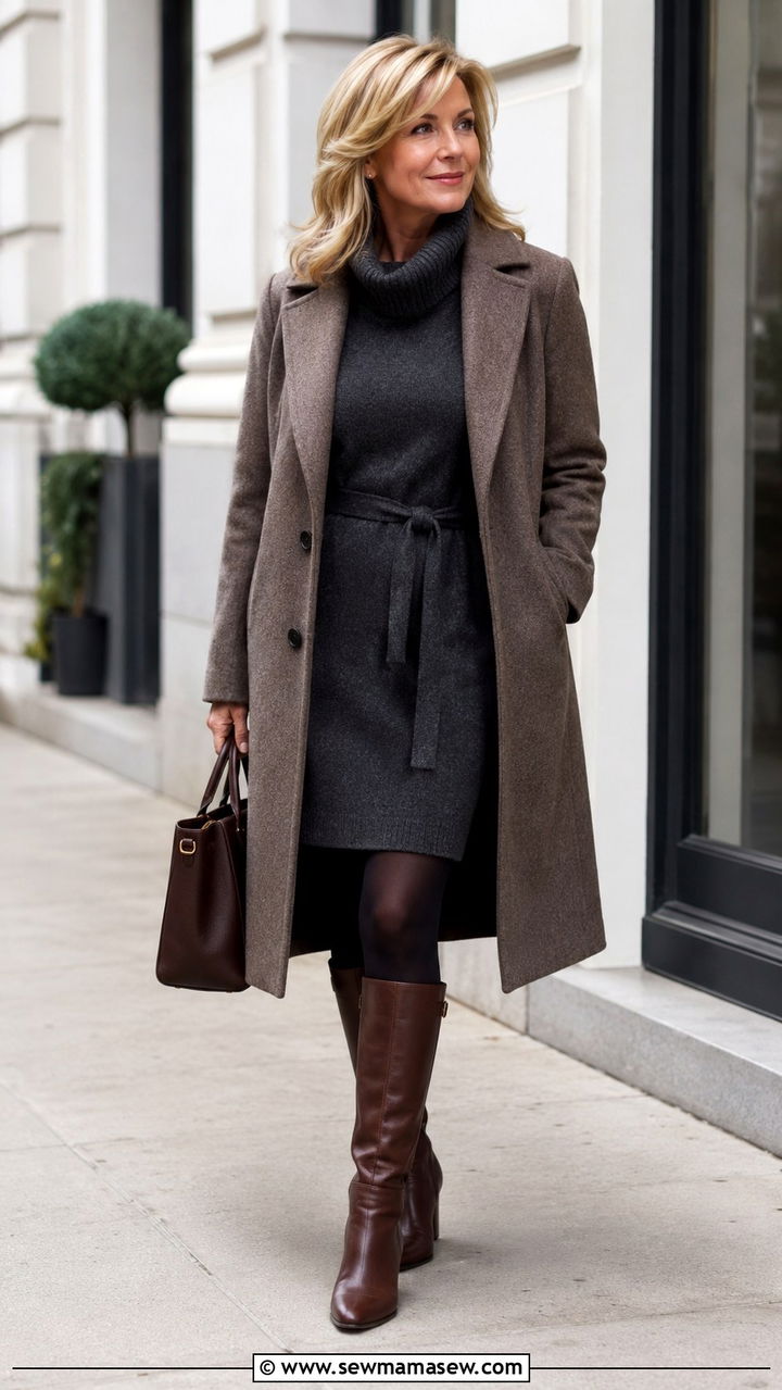 Belted Sweater Dress with Knee High Boots - 30 Modest outfit ideas for women over 50