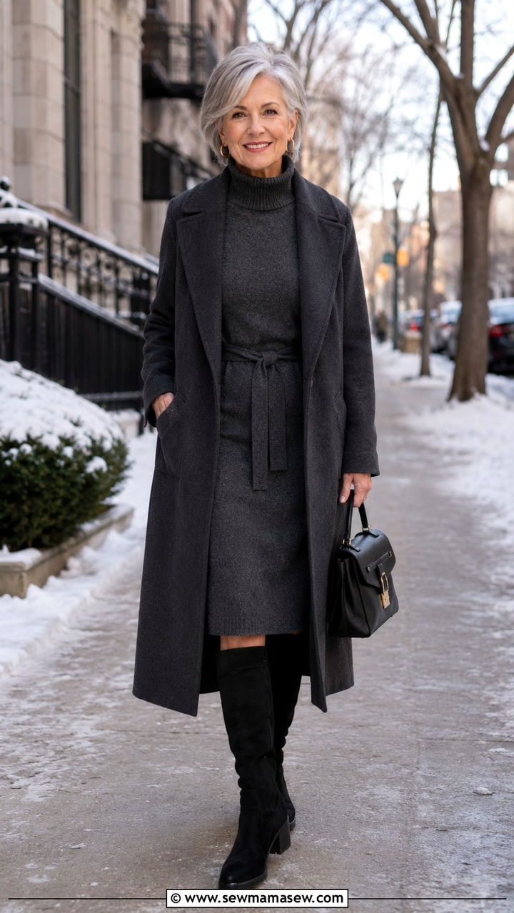 Belted Sweater Dress with Knee High Boots - 30 Petite outfits for women over 60
