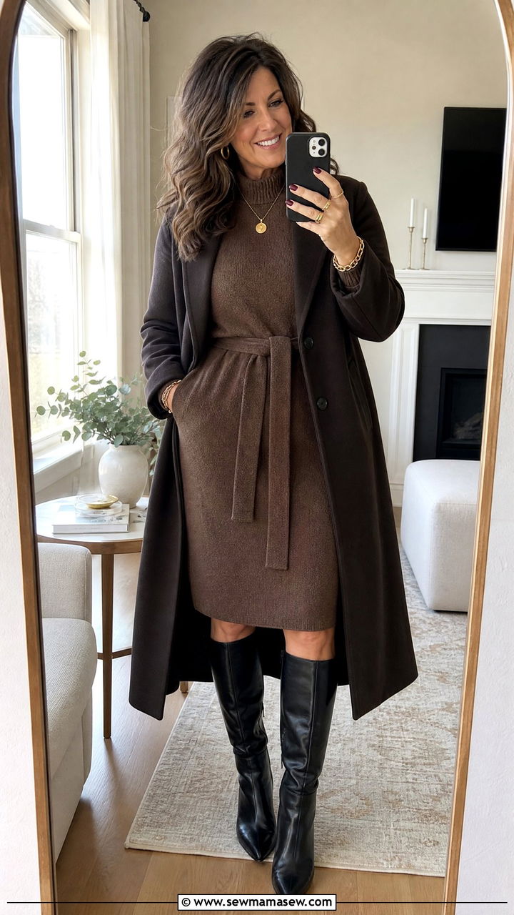 Belted Sweater Dress with Knee High Boots - 30 Sophisticated outfit ideas for women over 40