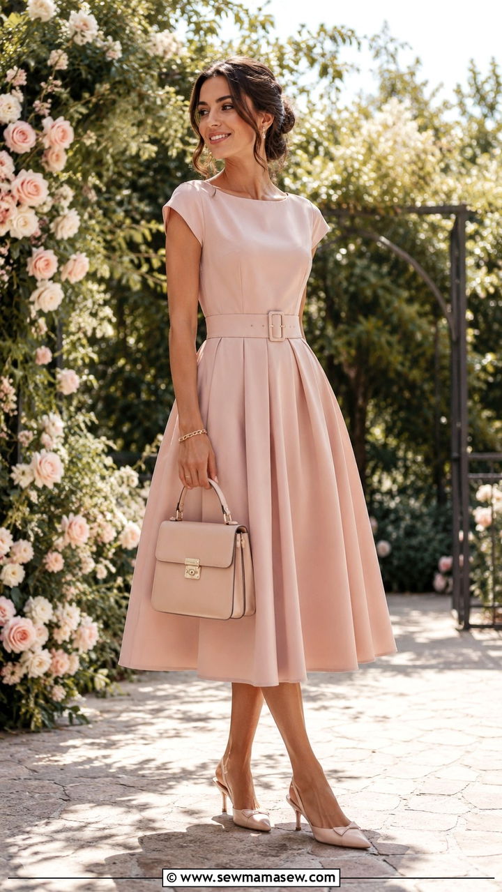 Belted Tea Length Dress With Kitten Heels - 20 Wedding guest outfit ideas tea length dress