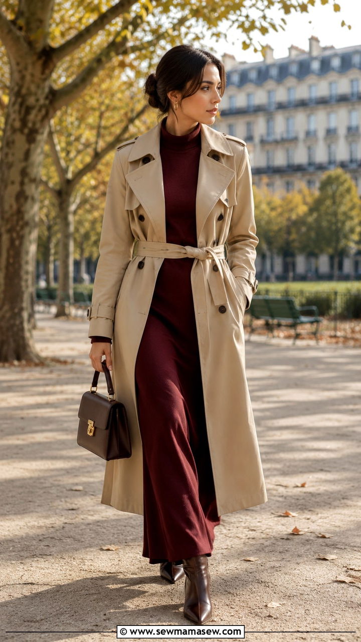 Belted Trench Coat Over Maxi Dress - 30 Modest outfit ideas Parisian
