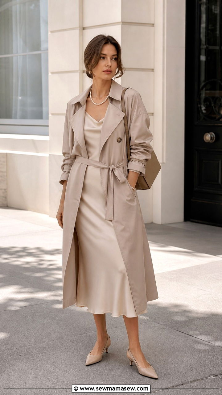 Belted Trench Coat Over Midi Slip Dress And Kitten Heels - 25 poetcore outfits ideas
