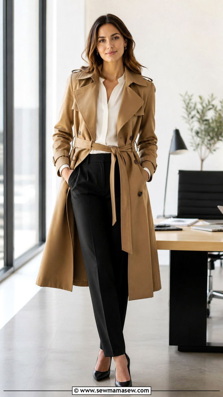 Belted Trench Coat Over Tailored Trousers and Pointed Toe Pumps - 30 trench coat outfits inspo