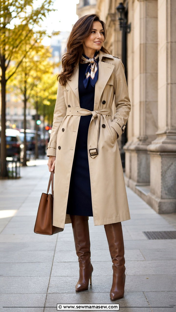 Belted Trench Coat Over a Column Dress - 20 Work outfits to hide belly fat