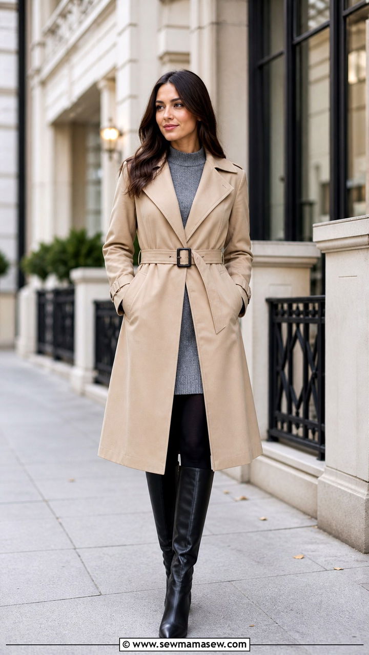 Belted Trench Coat Over a Sweater Dress - 40 jacket outfits for women