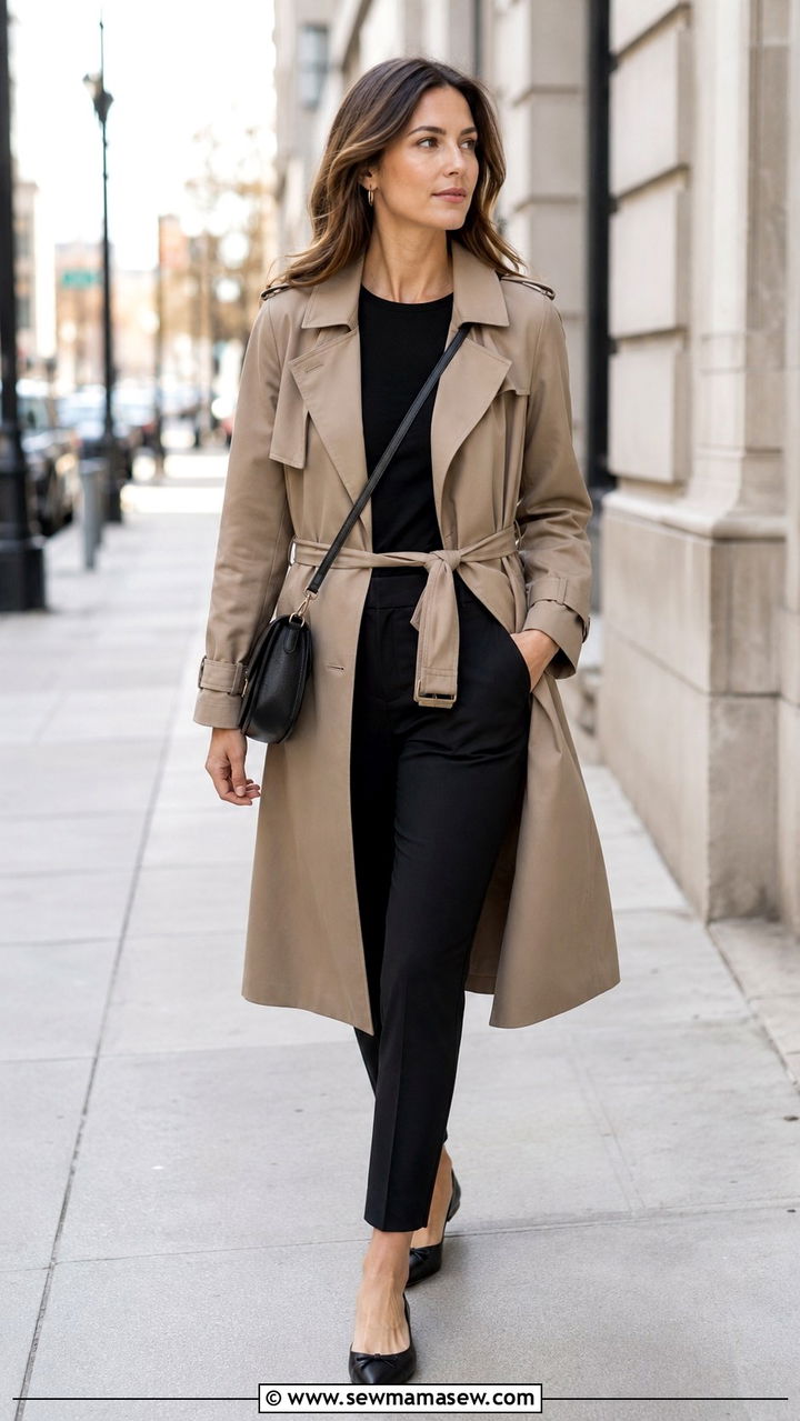 Belted Trench Coat With Cigarette Trousers - 25 Outfit ideas for rectangle body for work
