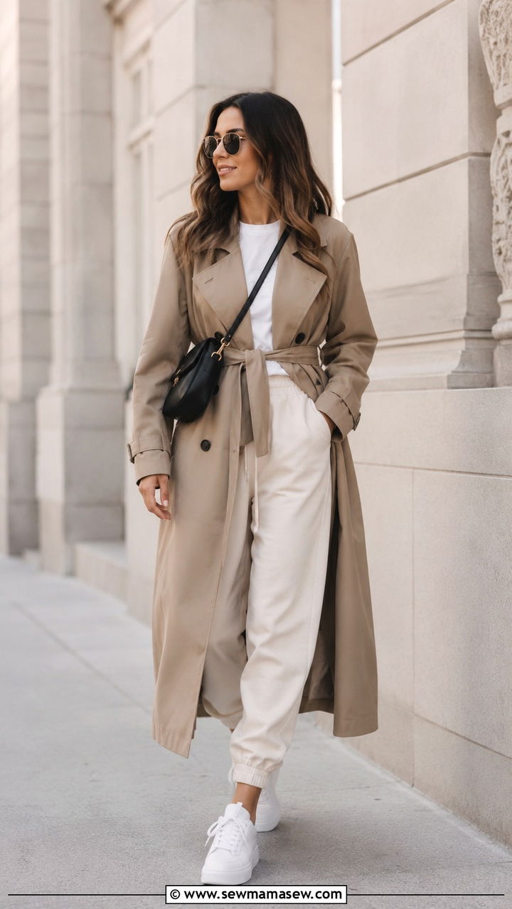Belted Trench Coat With Cream Joggers - 25 travel outfits aesthetic