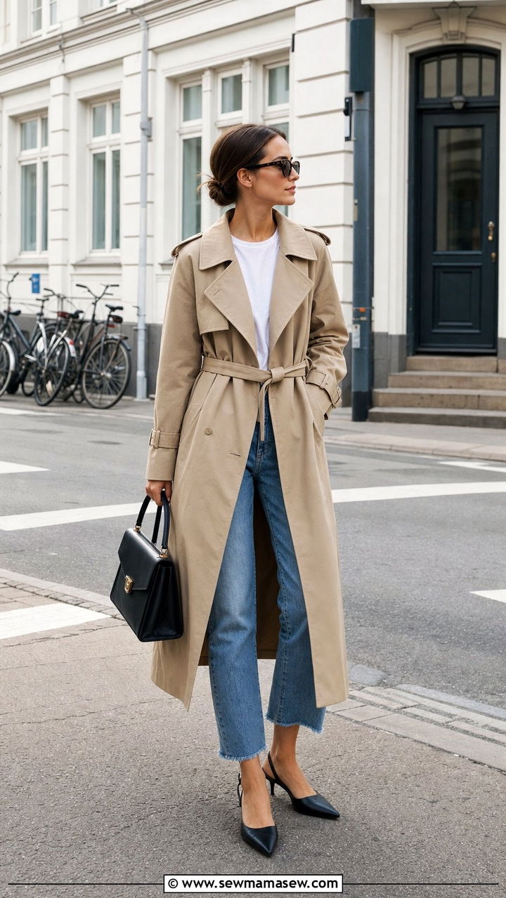 Belted Trench Coat With Denim And Slingbacks - 25 cute Copenhagen outfits