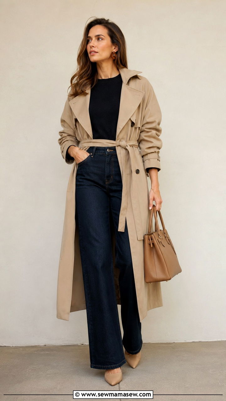 Belted Trench Coat With High Waisted Jeans - 30 High waisted jeans outfit ideas with a trench coat