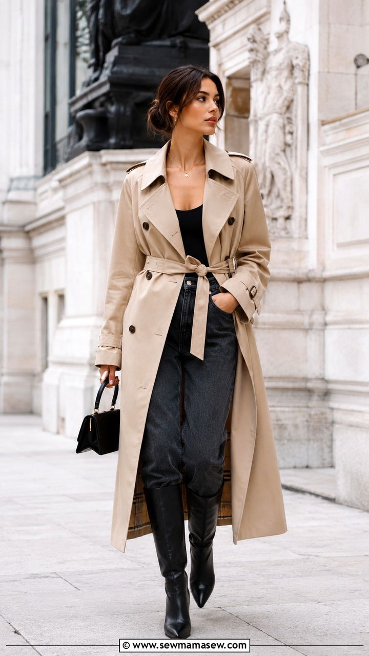 Belted Trench Coat With Mom Jeans - 30 Mom jeans outfit ideas with a trench coat
