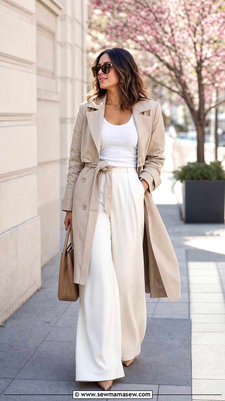 Belted Trench Coat With Palazzo Pants Spring Outfit - 25 Spring outfits for inverted triangle shape