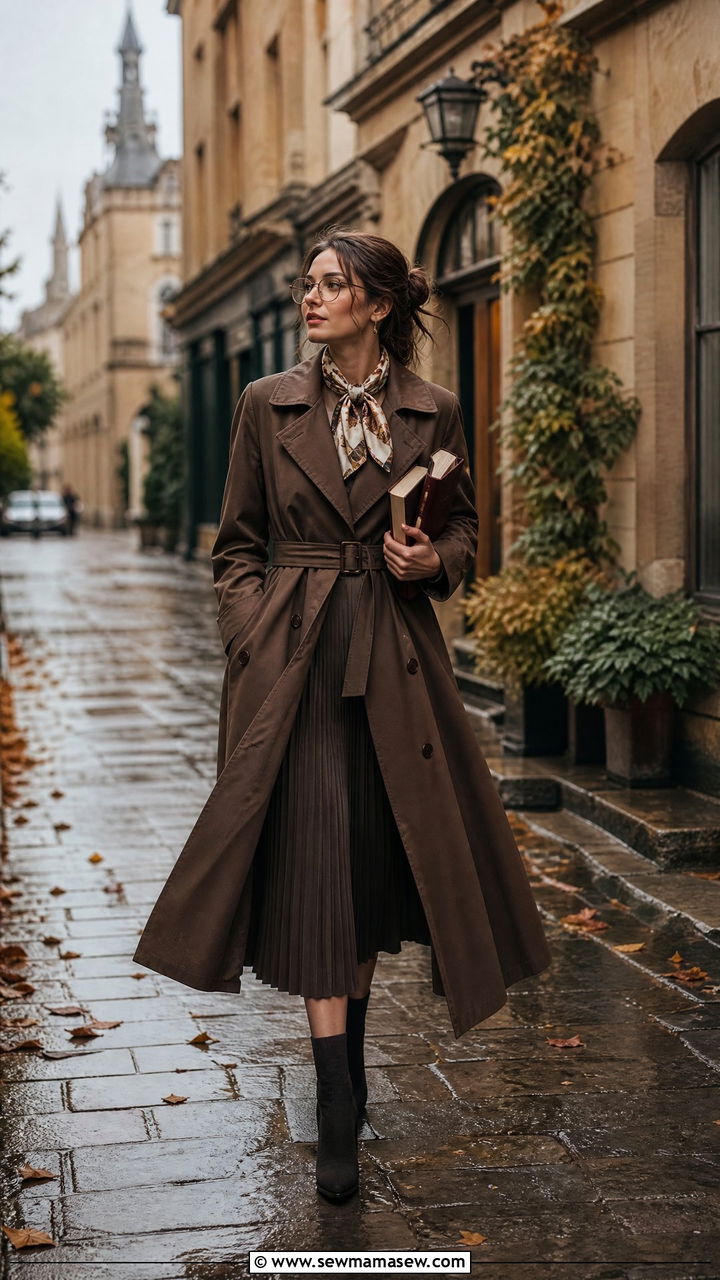 Belted Trench Coat With Pleated Skirt - 35 librarian core outfits
