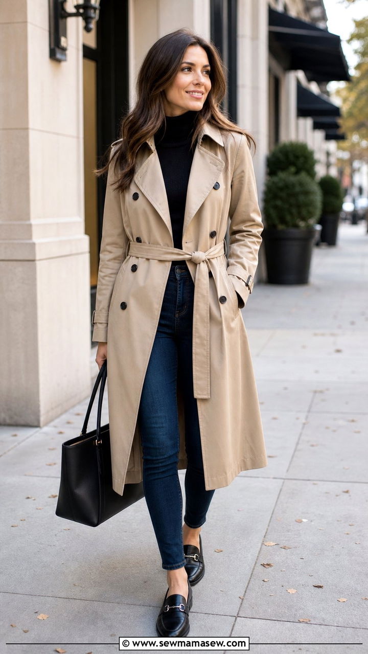 Belted Trench Coat With Skinny Jeans And Loafers - 25 Cute outfits for hourglass figure