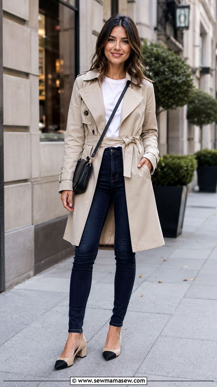 Belted Trench Coat With Skinny Jeans and Low Heels - 30 Petite outfit ideas to elongate legs