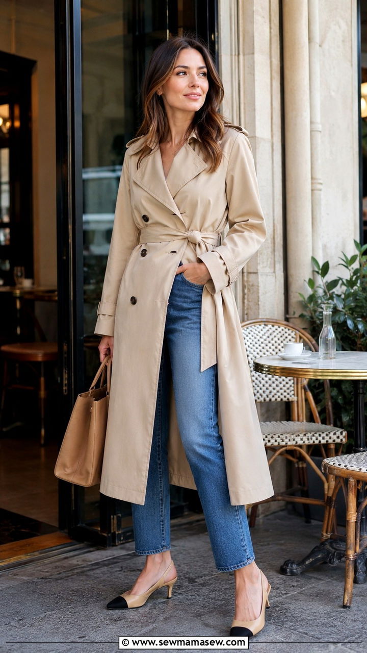 Belted Trench Coat With Straight Jeans and Slingback Heels - 30 Long trench coat outfit ideas with jeans