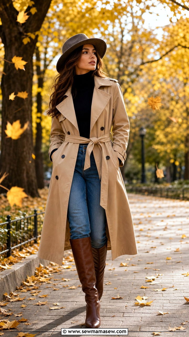 Belted Trench Coat With Straight Leg Jeans And Knee High Boots - 25 Straight leg jeans outfit ideas with a trench coat