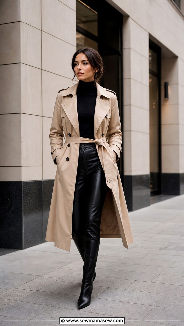 Belted Trench Coat With Turtleneck and Leather Trousers - 40 cute jacket outfits