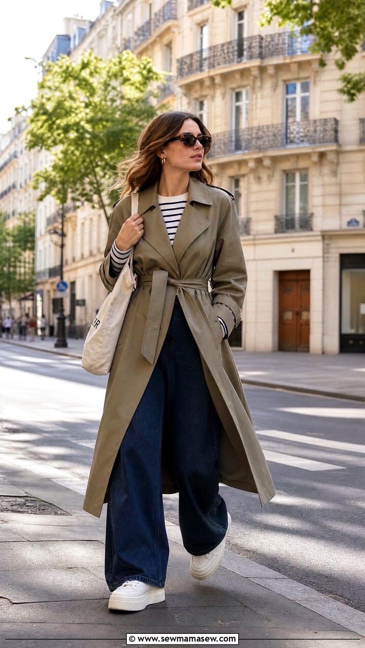 Belted Trench Coat With Wide Leg Jeans And Sneakers - 25 jacket outfits aesthetic