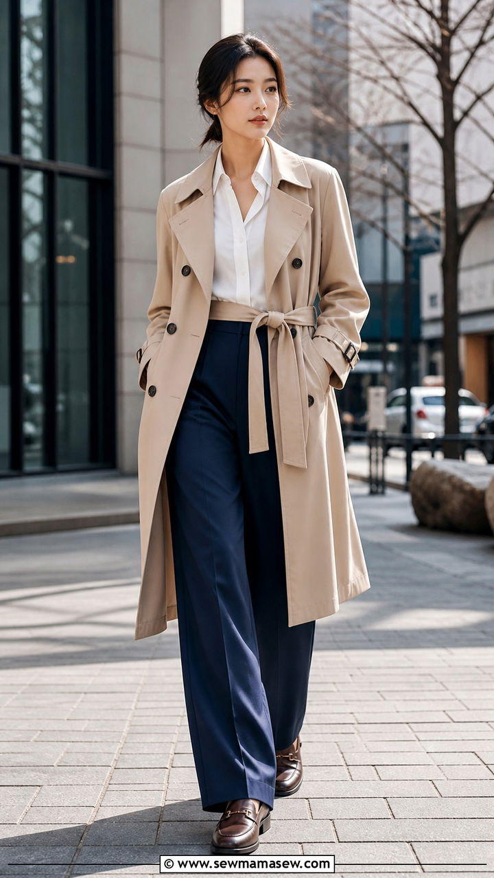 Belted Trench Coat With Wide Trousers Seoul - 40 Seoul outfit ideas