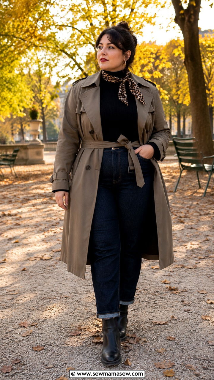 Belted Trench Coat over Turtleneck and High Waisted Jeans - 25 Plus size outfit ideas Parisian