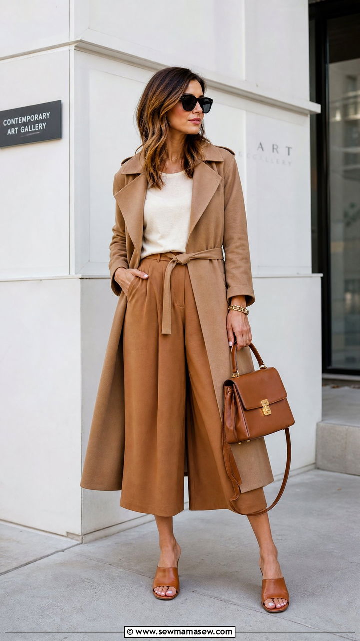 Belted Trench Coat with Culottes and Mules - 30 Summer outfits with trench coats