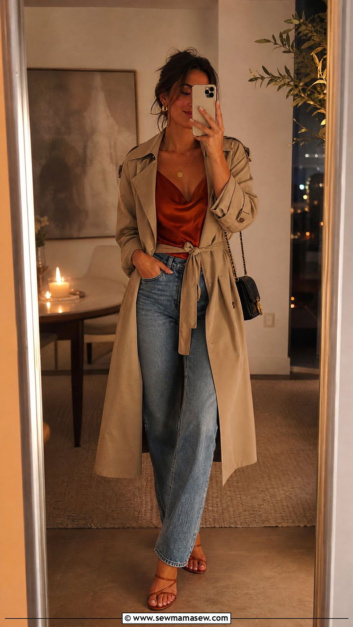 Belted Trench Coat with Silk Cami and Relaxed Jeans - 30 Summer outfits with trench coats