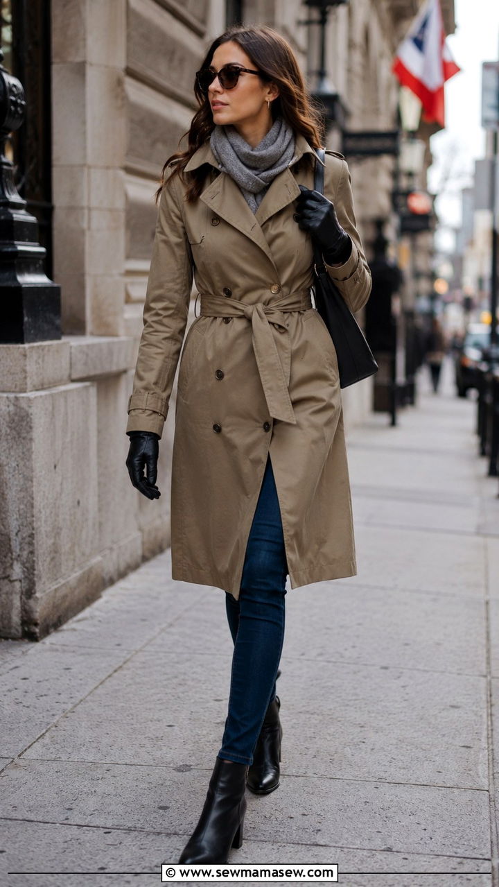 Belted Trench Coat with Skinny Jeans and Ankle Boots - 25 Outfit ideas for size 16 hourglass