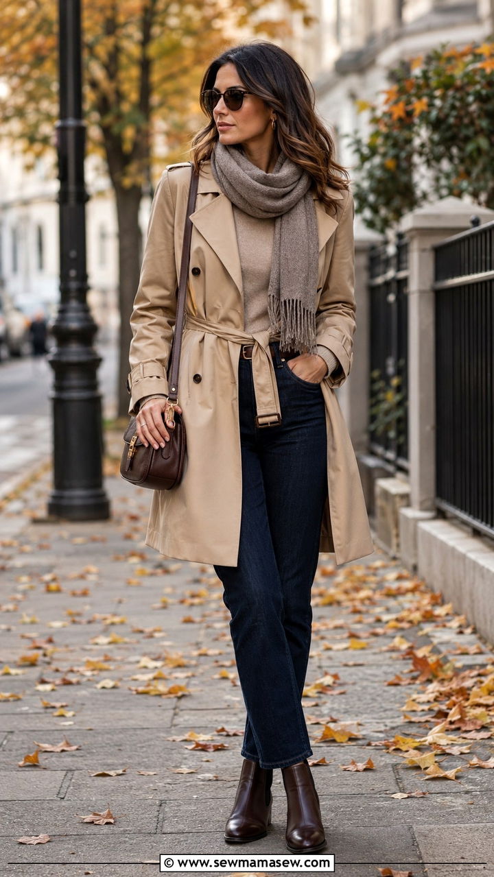 Belted Trench Coat with Straight Leg Jeans - 25 Outfit ideas for small bust and wide hips