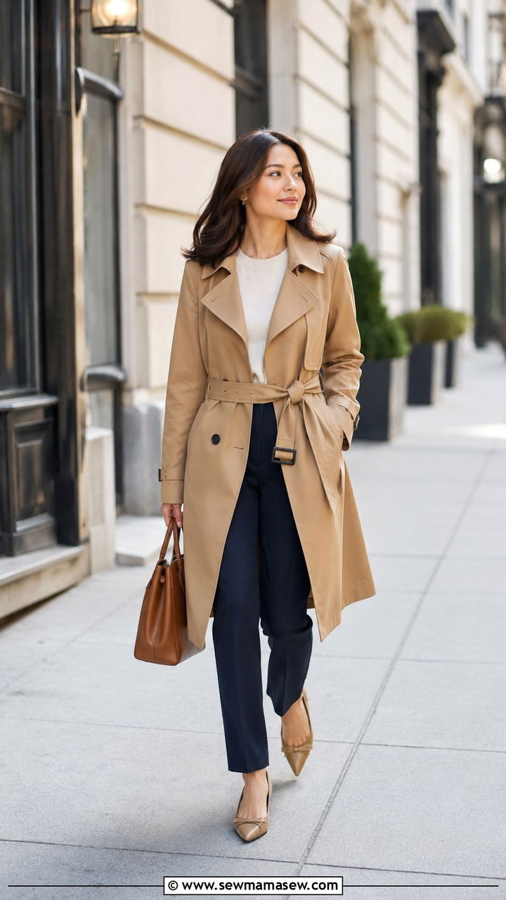 Belted Trench Coat with Straight Leg Pants - 25 Petite outfit ideas with pear shape