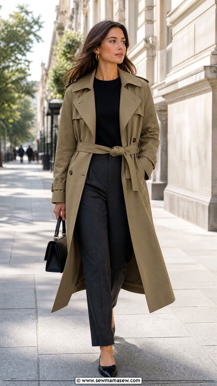 Belted Trench Coat with Tailored Trousers and Pointed Flats - 35 jacket outfits ideas