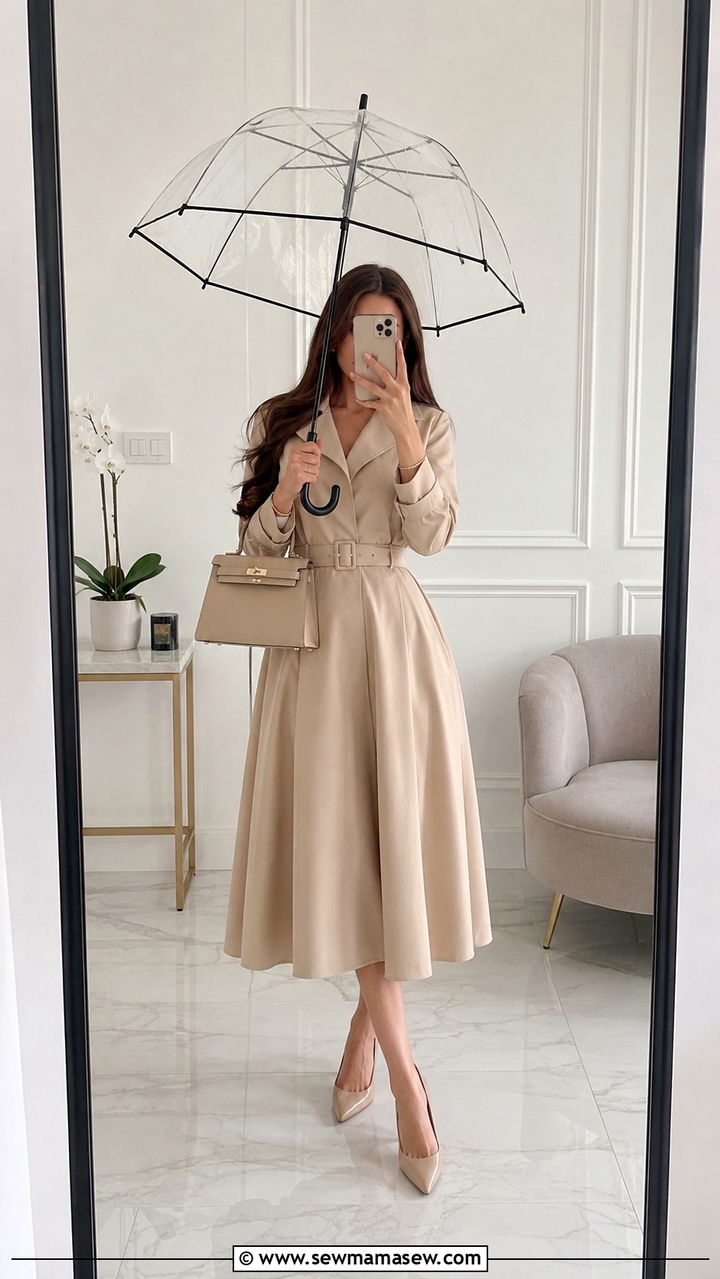 Belted Trench Dress with Pointed Toe Pumps - 30 classy rainy day outfits