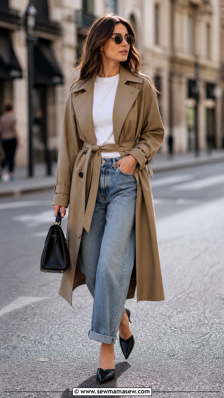 Belted Trench with Cuffed Baggy Jeans and Pointed Toe Mules - 40 casual jeans outfits