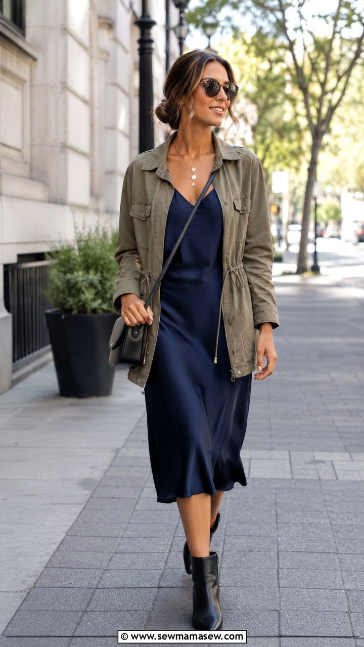 Belted Utility Jacket Over A Midi Slip Dress - 20 Outfit ideas to hide muffin top