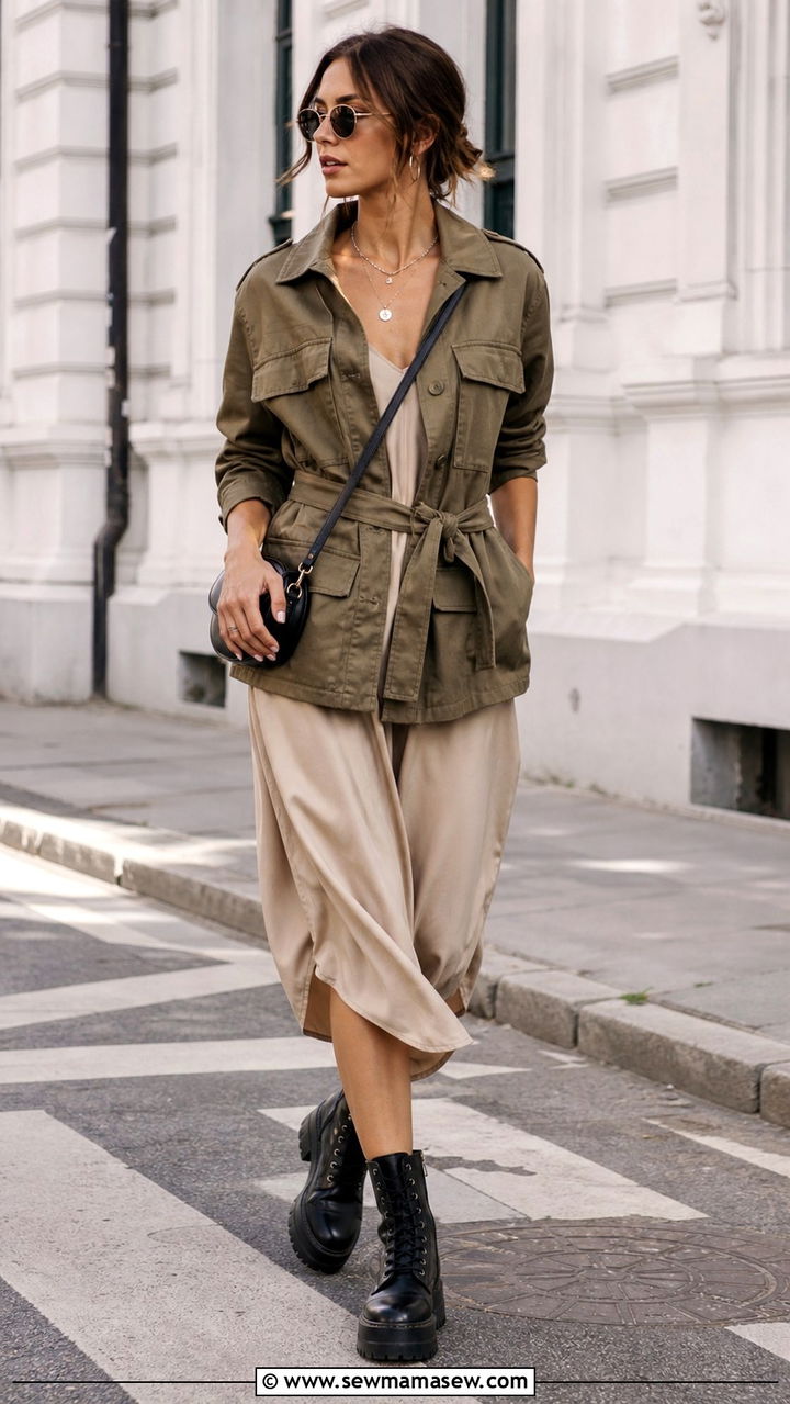 Belted Utility Jacket With A Slip Dress And Combat Boots - 40 Spring outfit ideas