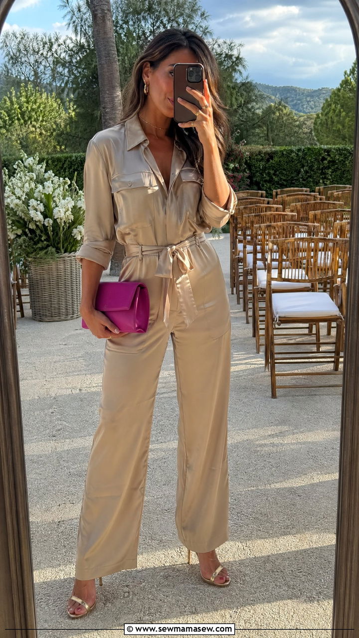 Belted Utility Jumpsuit In Satin With Heeled Sandals - 35 Dressy casual wedding guest outfit ideas