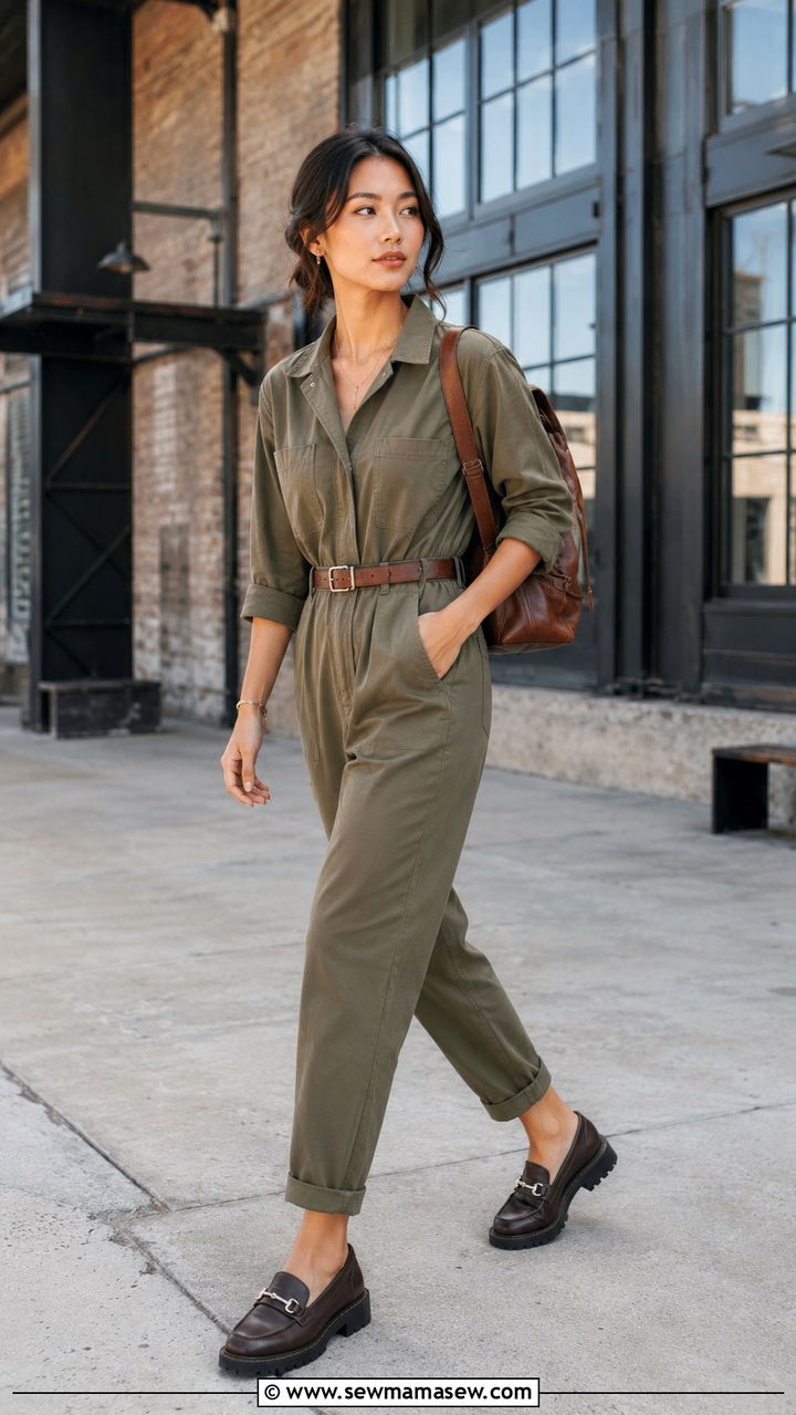 Belted Utility Jumpsuit With Lug Sole Loafers - 30 Petite outfit ideas to elongate legs