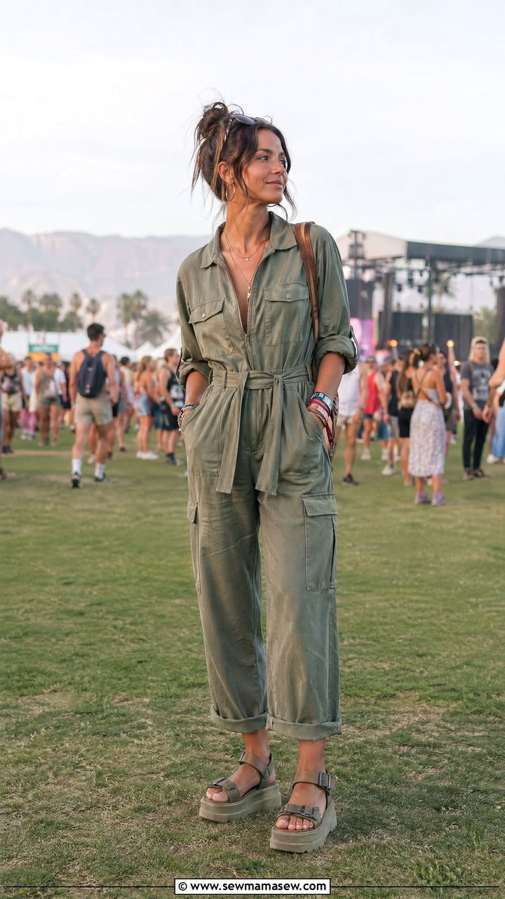 Belted Utility Jumpsuit With Platform Hiking Sandals - 35 Concert outfits for tall women