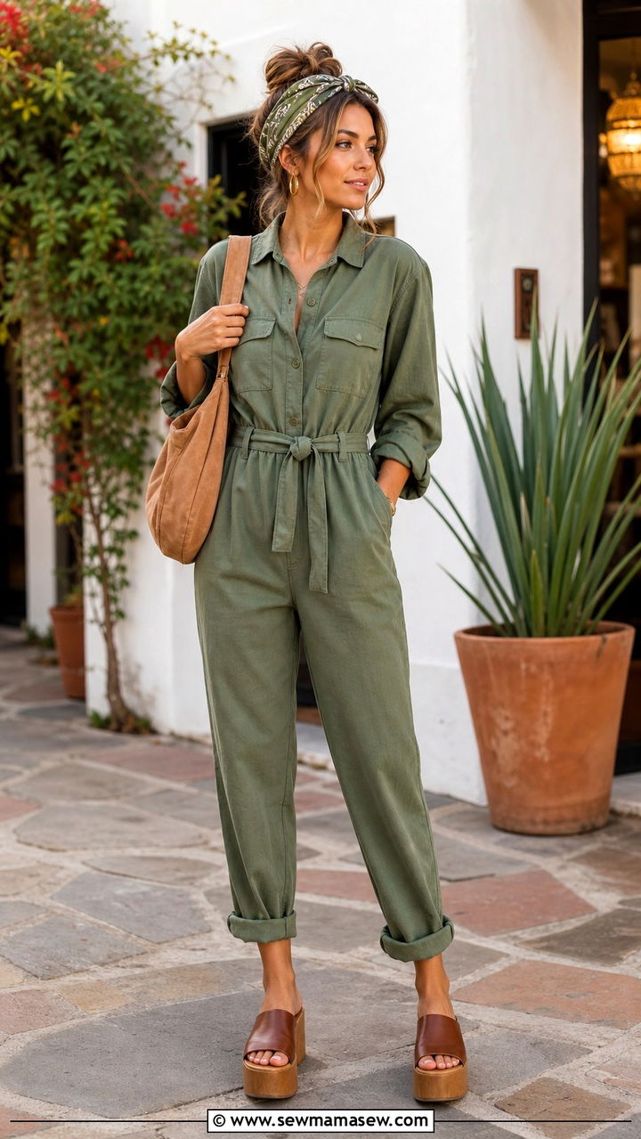 Belted Utility Jumpsuit With Platform Sandals - 40 Boho spring outfits