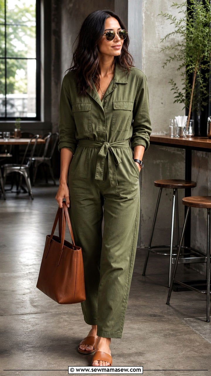 Belted Utility Jumpsuit With Slides - 40 Brunch outfit ideas
