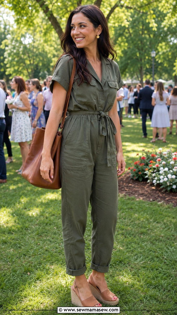 Belted Utility Jumpsuit with Wedge Heels - 30 Graduation party outfit ideas
