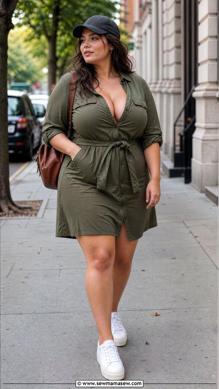 Belted Utility Shirt Dress With Platform Sneakers - 25 casual outfits for women with big bust