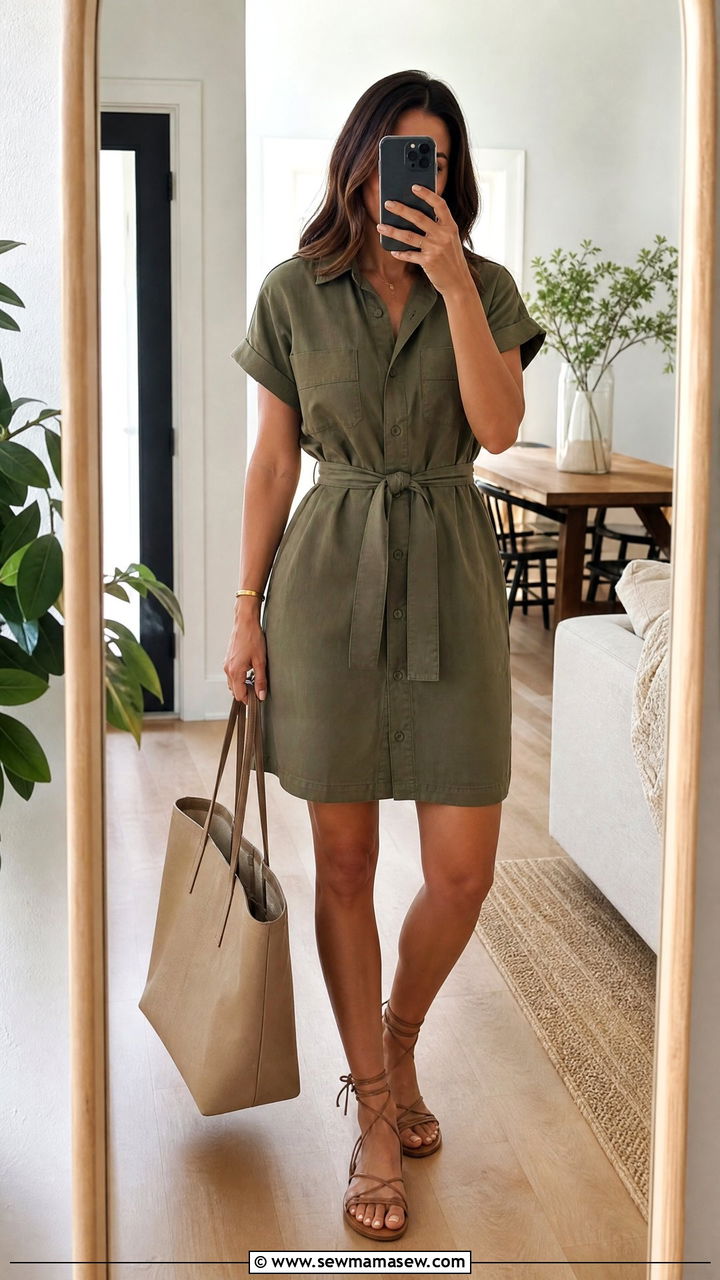 Belted Utility Shirtdress With Ankle Wrap Sandals - 30 summer utility chic outfit ideas