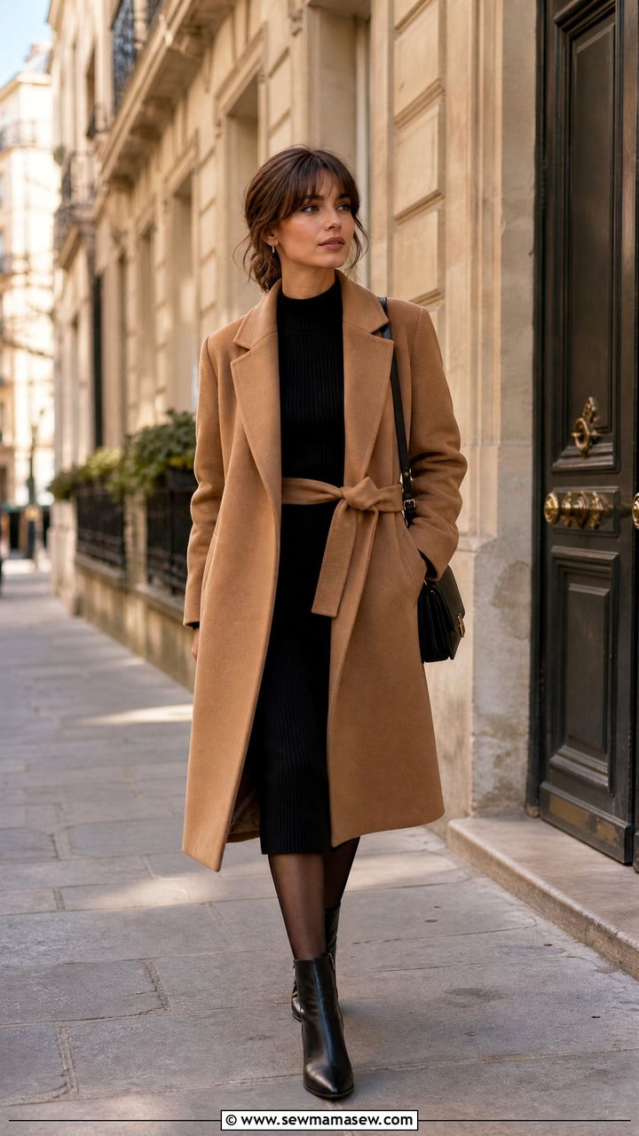 Belted Wool Coat Over Monochrome Knit Dress - 30 French girl outfit ideas for work