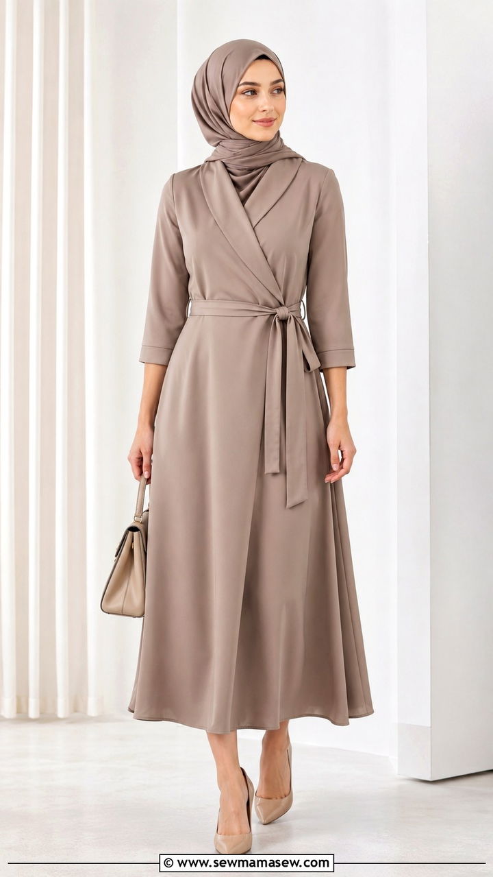Belted Wrap Dress With ThreeQuarter Sleeves And Matte Hijab Outfit - 25 work outfits for modest women