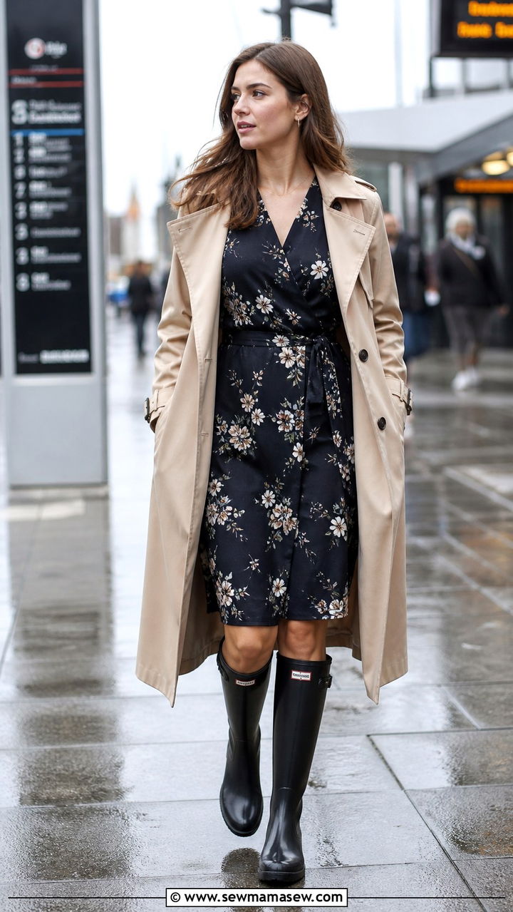 Belted Wrap Dress with Knee High Rain Boots - 40 rainy day outfits