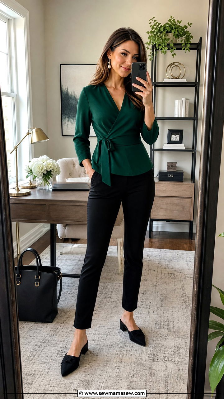 Belted Wrap Top and Ponte Pants Home Office Look - 25 Home office outfit ideas