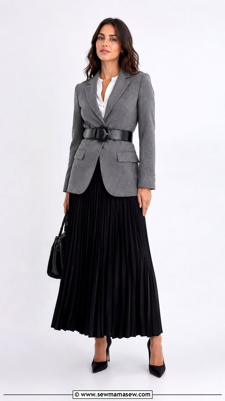Belted blazer and maxi skirt outfit - 30 Maxi skirt outfit ideas with a blazer