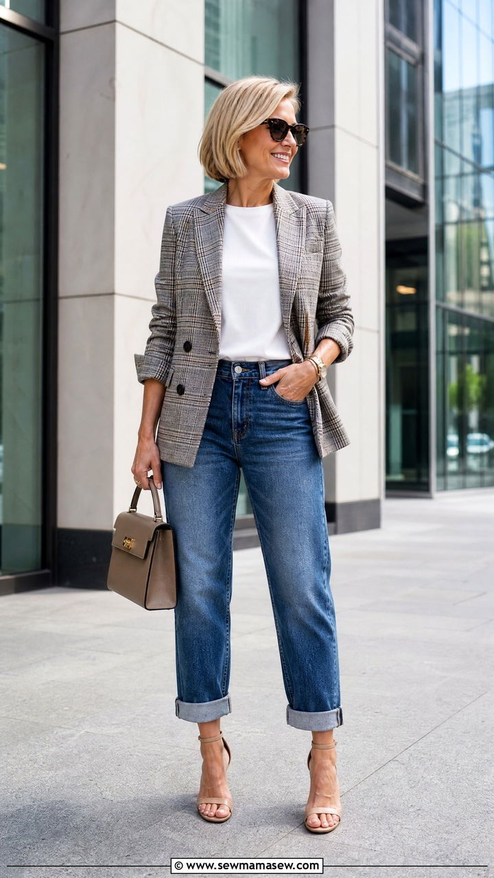 Belted blazer dress with cuffed jeans - 35 Jeans outfit ideas for women over 40