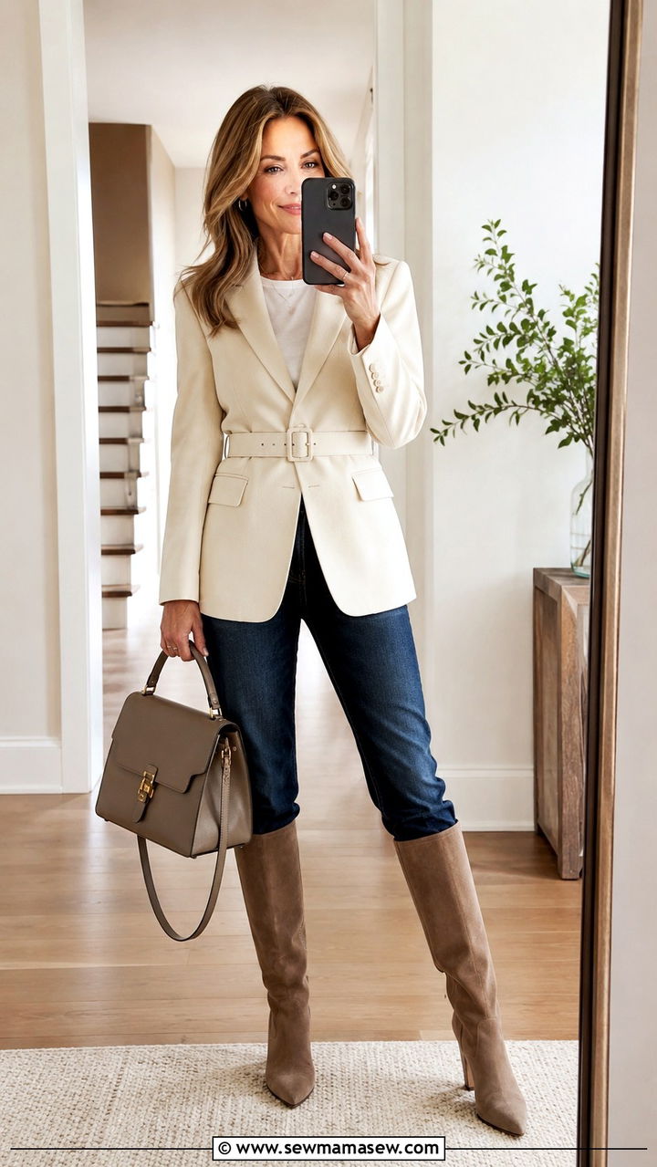 Belted blazer with straight leg jeans - 20 Jeans and blazer outfit ideas over 40